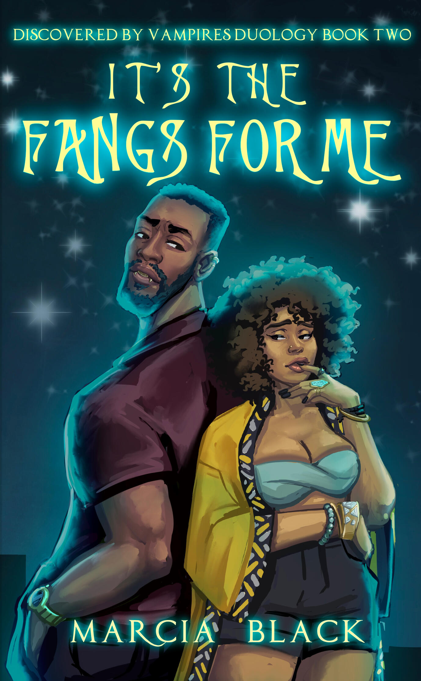 Black vampire with gold grillz and a black girl with big curly hair